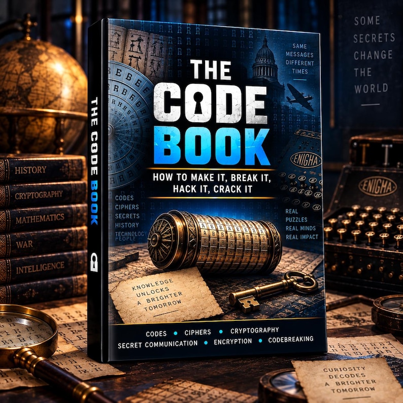 May include: A book titled The Code Book with a cover featuring a metallic cryptex, a brass key, and text including How to Make It, Break It, Hack It, Crack It. The cover also displays the phrases Some Secrets Change the World and Knowledge Unlocks a Brighter Tomorrow.