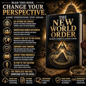 Digital PDF edition of The New World Order exploring secret societies, symbolism, historical connections, global influence, political power structures, and alternative perspectives on world affairs.