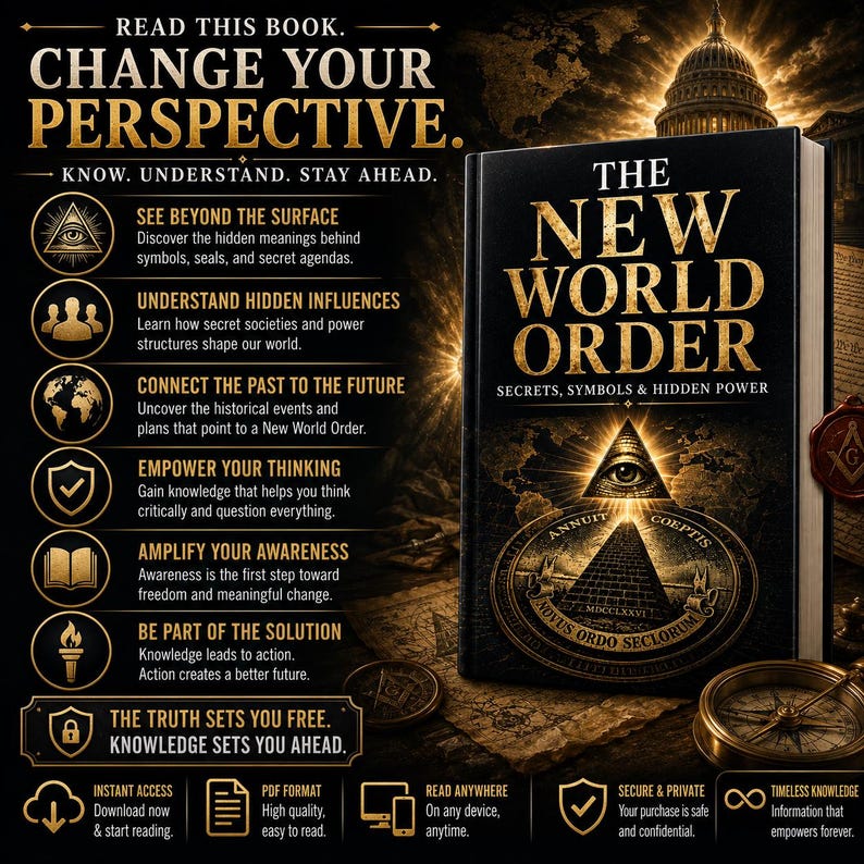 Digital PDF edition of The New World Order exploring secret societies, symbolism, historical connections, global influence, political power structures, and alternative perspectives on world affairs.