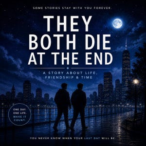 May include: Book cover with the title "They Both Die at the End" in large white letters. The image shows two figures walking along a waterfront at night, with a city skyline and a full moon in the background. Text includes "A Story About Life, Friendship & Time."