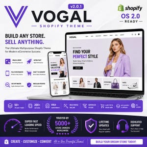 May include: Promotional image for VOGAL, a Shopify theme. A laptop and smartphone display a website interface with a woman in a purple blazer. Text includes "Build Any Store. Sell Anything." and "Find Your Perfect Style."