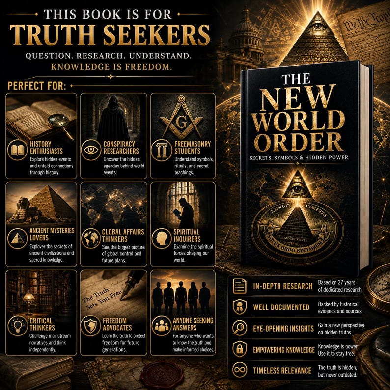 Digital PDF edition of The New World Order exploring secret societies, symbolism, historical connections, global influence, political power structures, and alternative perspectives on world affairs.