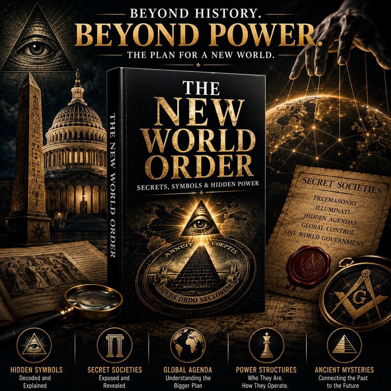Digital PDF edition of The New World Order exploring secret societies, symbolism, historical connections, global influence, political power structures, and alternative perspectives on world affairs.