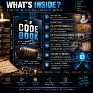 May include: A book titled The Code Book: How to Make It, Break It, Hack It, Crack It, featuring a metallic cryptex on the cover. The image displays six chapters covering topics like Mary Queen of Scots, Enigma machines, and modern cryptography.
