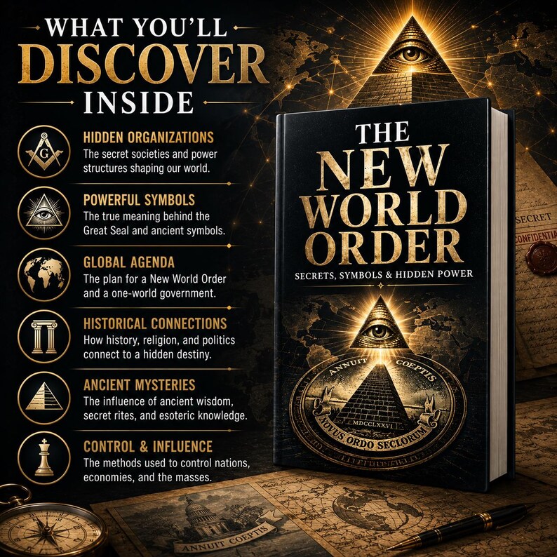 Digital PDF edition of The New World Order exploring secret societies, symbolism, historical connections, global influence, political power structures, and alternative perspectives on world affairs.