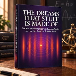 May include: A hardcover book titled The Dreams That Stuff Is Made Of: The Most Astounding Papers on Quantum Physics and How They Shook the Scientific World. The cover features a dark purple background with a glowing orange central light pattern.