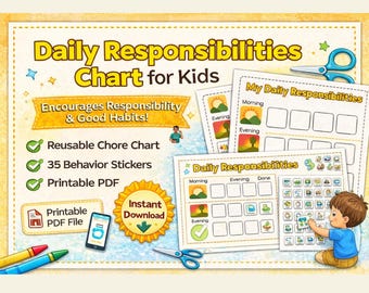 Tabla de responsabilidades diarias para niños / Tabla de tareas imprimible con pegatinas / Registro de rutinas matutinas y vespertinas / Tabla de hábitos (PDF)