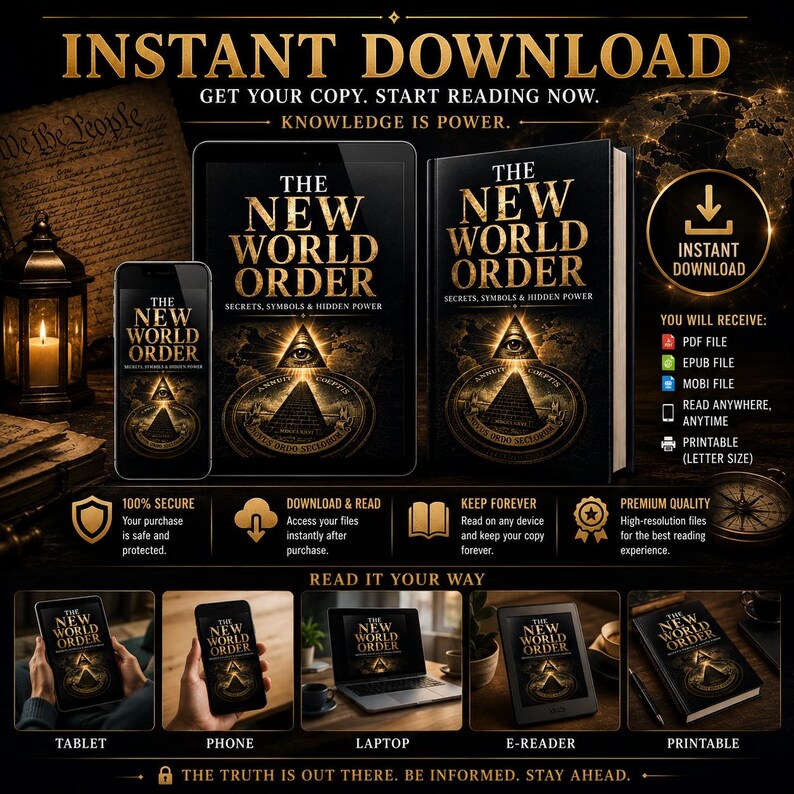 Digital PDF edition of The New World Order exploring secret societies, symbolism, historical connections, global influence, political power structures, and alternative perspectives on world affairs.