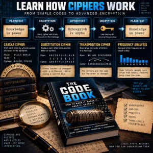 May include: An educational infographic titled LEARN HOW CIPHERS WORK featuring a book titled THE CODE BOOK, a magnifying glass displaying text, and a checklist of skills including understand, analyze, practice, solve, and think like a codebreaker.