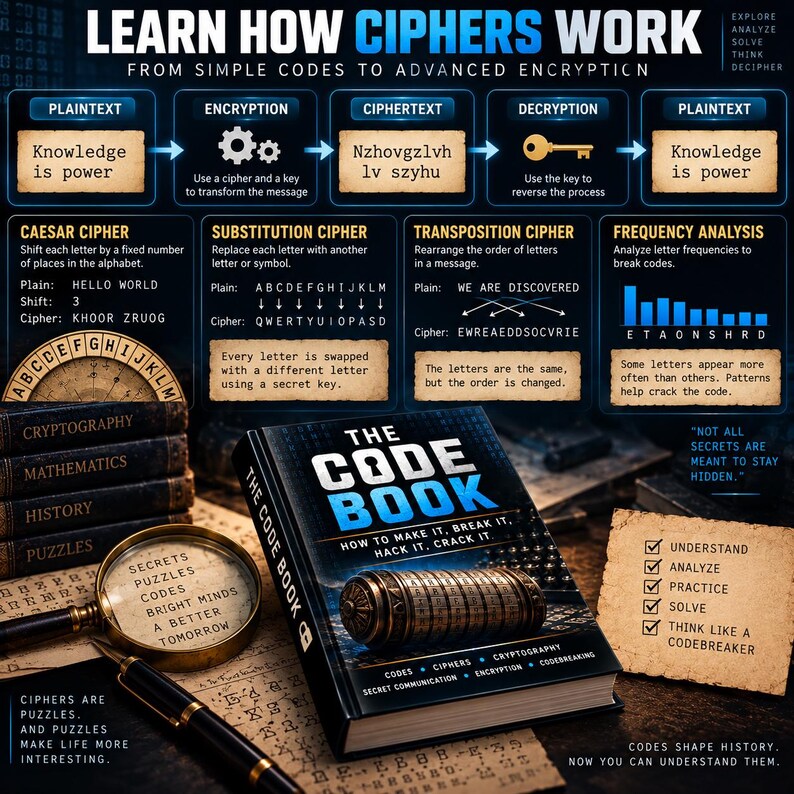 May include: An educational infographic titled LEARN HOW CIPHERS WORK featuring a book titled THE CODE BOOK, a magnifying glass displaying text, and a checklist of skills including understand, analyze, practice, solve, and think like a codebreaker.