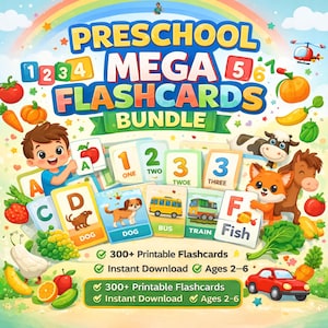 Peut inclure: Illustration colorée d'un ensemble de flashcards pour la maternelle. L'image présente un garçon tenant des cartes, ainsi que divers animaux de dessins animés, des fruits et des légumes. Le texte comprend "Preschool Mega Flashcards Bundle" et "300+ Printable Flashcards".