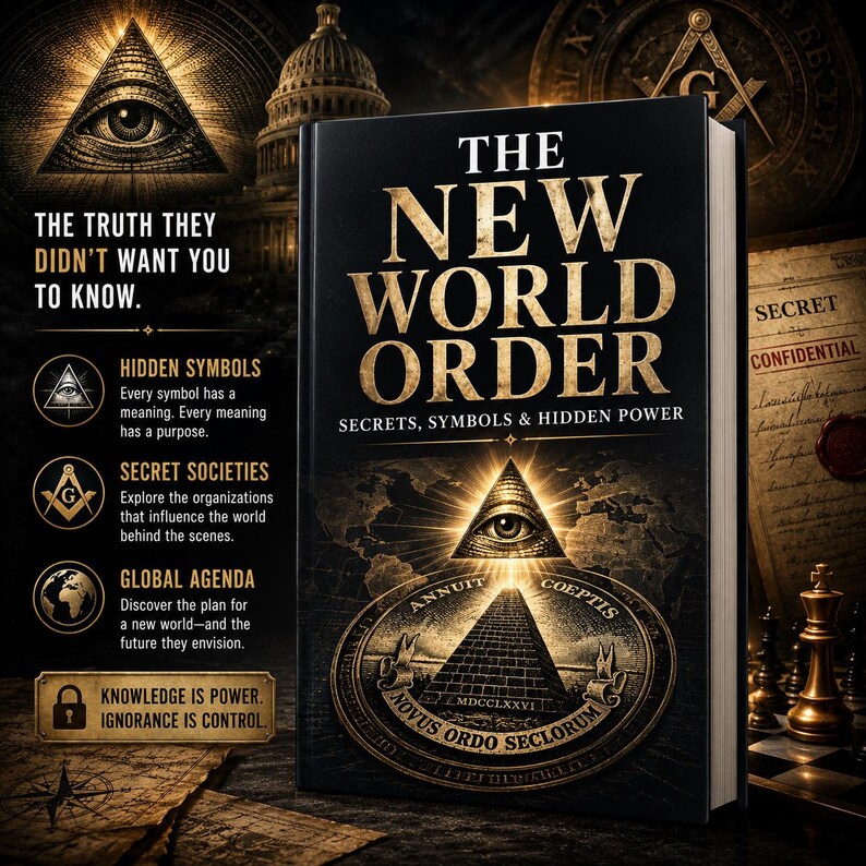 Digital PDF edition of The New World Order exploring secret societies, symbolism, historical connections, global influence, political power structures, and alternative perspectives on world affairs.