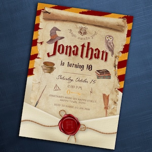 Plantilla editable de evitación mágica, invitación de cumpleaños del mago, invitación a la fiesta del mago imprimible, invitación de brujas, cumpleañera mágica
