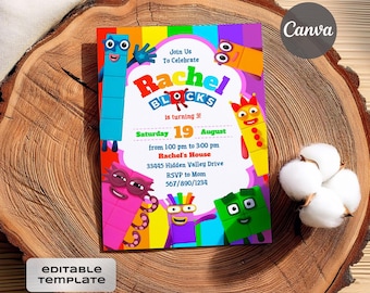 Faire-part d'anniversaire Numberblocks, invitation imprimable modifiable, invitation de fête d'anniversaire Numberblocks, apprendre les nombres premier deuxième parti
