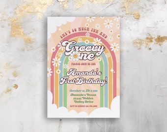 Printable Editable Groovy One Invitation, 1st Bday Invite, Daisy Birthday, Hippie Birthday Invite template for girl, boy