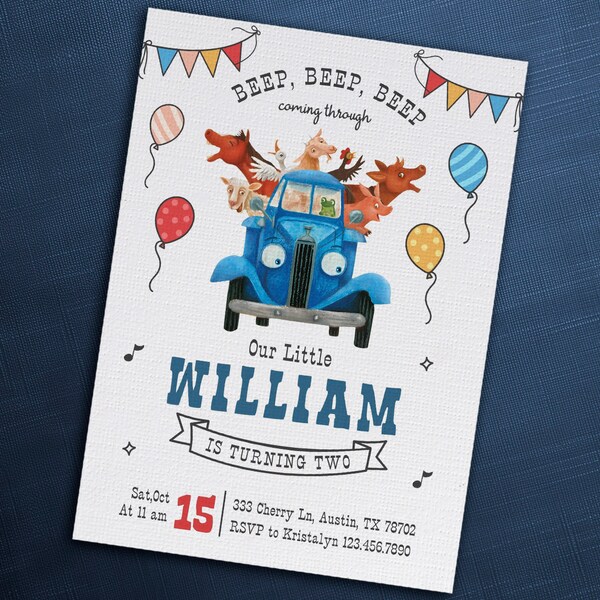 Farm Animals Birthday Invitation, Blue Truck invitation, Oink Moo Baa invite, Little Blue, Barnyard animals party invite template, 1st, 2nd