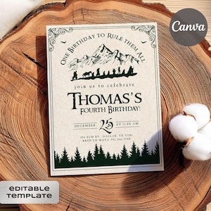 May include: A rectangular invitation with the text "ONE BIRTHDAY TO RULE THEM ALL" and "THOMAS'S FOURTH BIRTHDAY!" is displayed. The design includes a mountain range, silhouettes, and a forest border. The invitation is on a wooden surface.