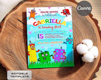 Faire-part d'anniversaire Numberblocks, invitation imprimable modifiable, invitation de fête d'anniversaire Numberblocks, apprendre les nombres premier deuxième parti