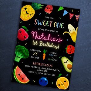 Convite de aniversário de frutas dançantes, convite para impressão, modelo de convite de festa kawaii, convite editável, aniversário de menino e menina, primeiro segundo