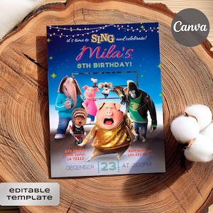 May include: A rectangular birthday invitation template featuring animated animal characters from the movie Sing. The text reads it's time to SING and celebrate! Mila's 8TH BIRTHDAY! December 23 at 2:00PM, with address and RSVP details. The design includes string lights.