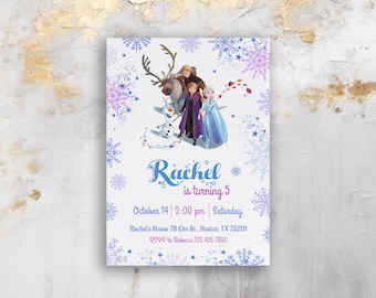 May include: Frozen themed birthday party invitation with a white background and blue and purple snowflakes. The invitation features the characters from the movie Frozen, including Elsa, Anna, Olaf, Kristoff, and Sven. The text on the invitation reads "Rachel is turning 5" and includes the date, time, and location of the party.