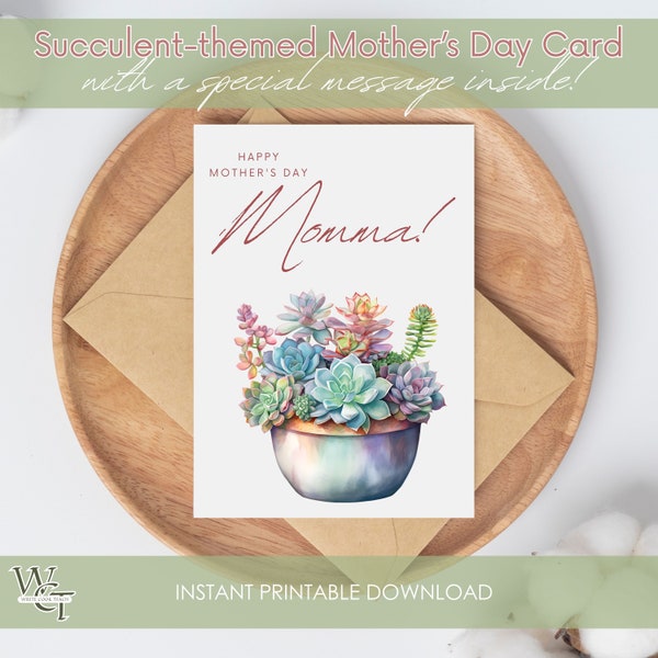 Watercolor Mother's Day Card Instant Printable Succulent Card Download Special Message for Momma Double Sided Instant Download