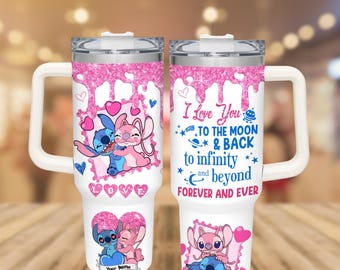 Tumbler Stitch And Angel Valentine da 40 once, Tumbler I Love You To The Moon And Back, Idee regalo per anniversario, Regalo di San Valentino dei cartoni animati Disney