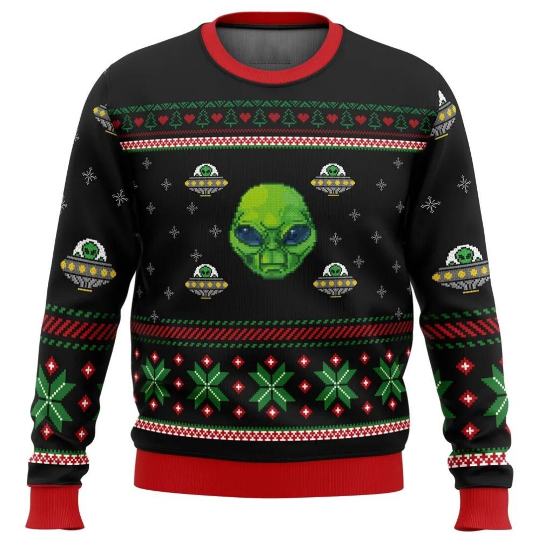 Funny Green Alien Ugly Sweater, Santa Alien UFO Alien Adult Kid ...