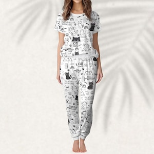 Cat Lover Pajama Set, Funny Black And White Cat Pjs, Cute Cat Women Pajamas, Funny Matching Pajama Set, Gift For Pet Lovers