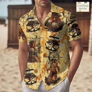 Totenkopf Pirat Hawaii Hemd, Button Up Shirt, Sommer Shirt für Männer, Strand Geschenk für Piraten Liebhaber, Skull Pirat Merch, Sommer Urlaub S