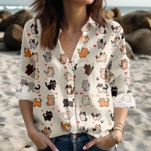 Cute Cat Love Blouse Shirt, Pet Lover Long Sleeve Shirt, Pastel Aesthetic Cat Shirt, Cute Cat Shirt For Her, Animal Lover Shirt Women