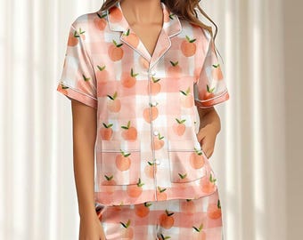 Peach Gingham Satin Pajamas Short Set, Pink Fruits Women Sleepwear, Cute Summer Loungewear For Women, Pastel Matching Pjs, Funny Gift