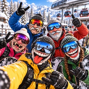 May include: Five individuals wearing colorful winter jackets, knit beanies, and face masks printed with exaggerated facial expressions. Each person wears reflective ski goggles, black gloves, and carries a snowboard in a snowy mountain resort.