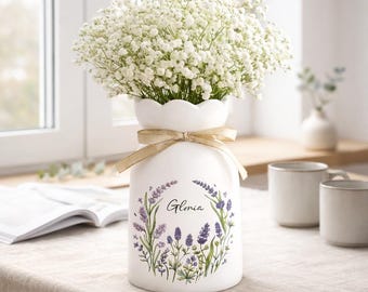 Personalized Floral Name Flower Vase, Ceramic Decorative Vase, Mother's Day Gift for Her, Custom Home Decor, Gift for Mom