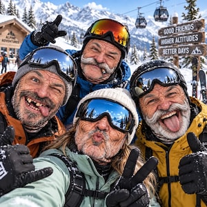 May include: Four individuals wearing colorful ski jackets, knit beanies, and reflective ski goggles pose for a selfie in a snowy mountain setting. A wooden sign in the background displays the text: Good Friends, Higher Altitudes, Better Days.