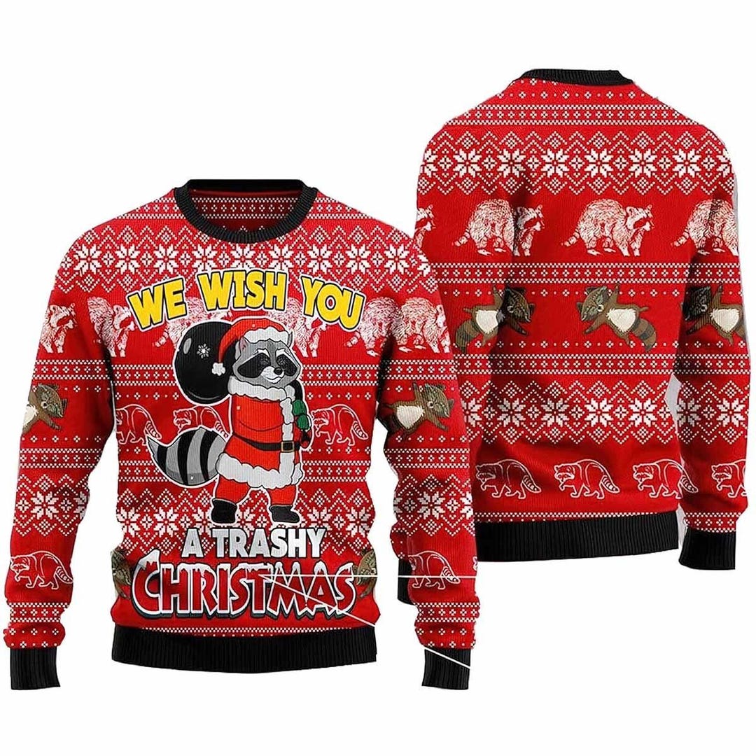 Raccoon We Wish You A Trashy Christmas Ugly Sweater, Funny Raccoon Meme ...