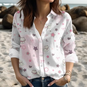 Cute Cat Blouse Shirt, Kawaii Cat Shirt For Women, Soft Kitty Aesthetic Shirt, Cat Lover Casual Blouse, Cottagecore Animal Shirt