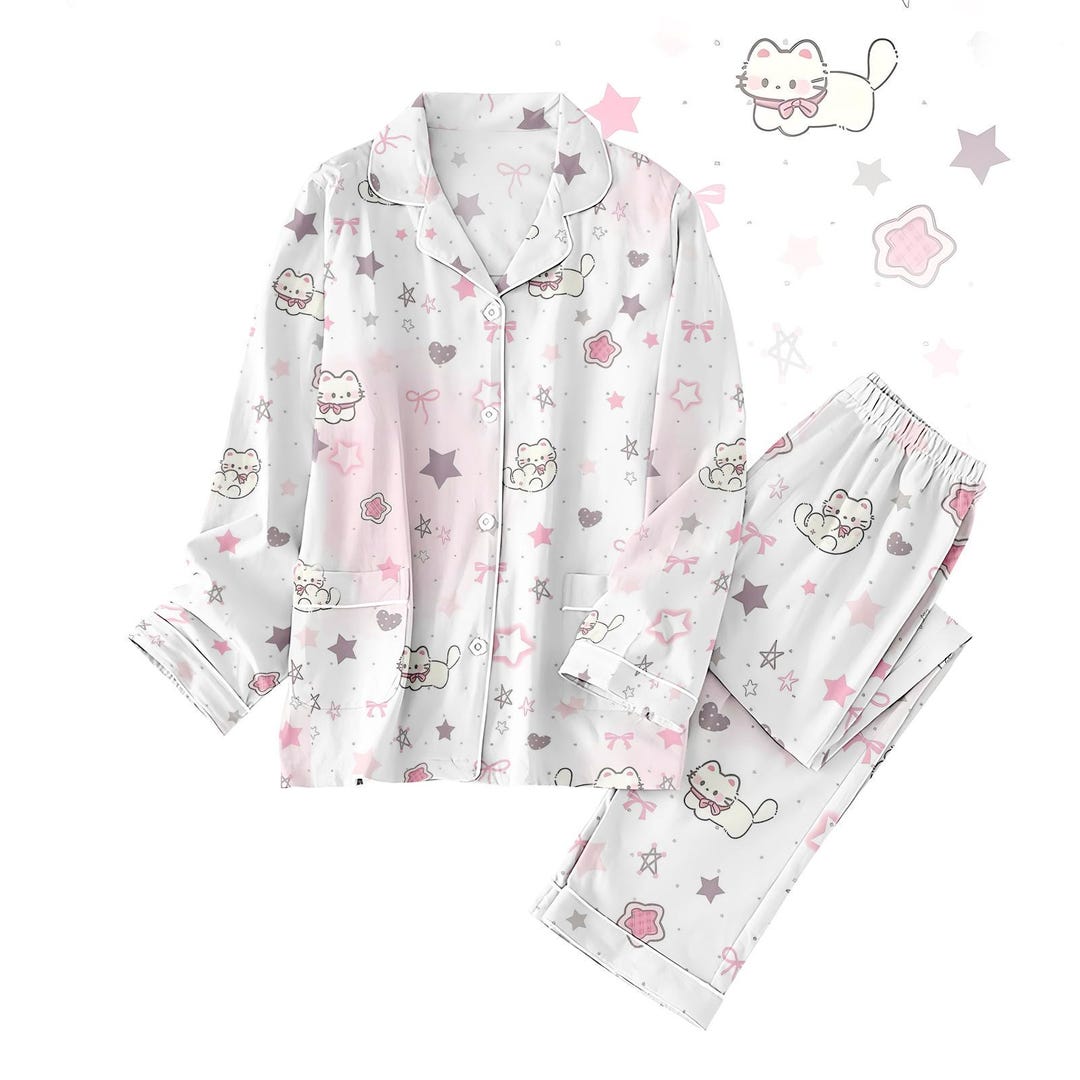 Cute Cat Pajamas Set, Kawaii Cat Sleepwear for Her, Adorable Kitty ...
