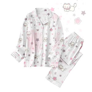 Cute Cat Pajamas Set, Kawaii Cat Sleepwear For Her, Adorable Kitty Matching PJs, Cat Lover Gift, Cozy Pajamas Women, Cute Animal Pjs
