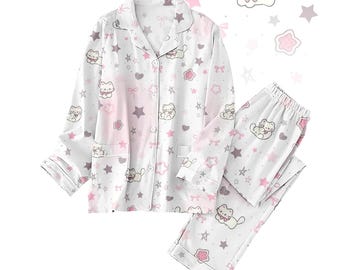 Cute Cat Pajamas Set, Kawaii Cat Sleepwear For Her, Adorable Kitty Matching PJs, Cat Lover Gift, Cozy Pajamas Women, Cute Animal Pjs