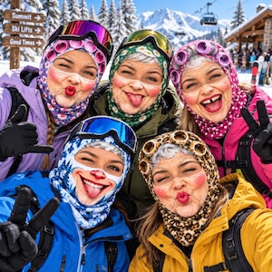 May include: Five people wearing ski balaclavas with printed faces of elderly individuals, hair rollers, and ski goggles. The balaclavas feature floral, polka dot, leopard, and winter patterns. Each person wears a colorful winter jacket and black gloves.