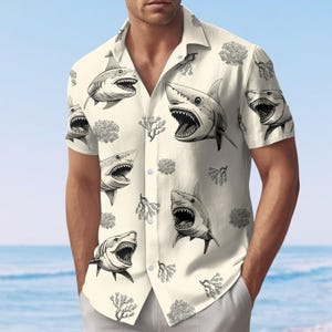 Shark Button Shirt, Ocean Themed Summer Shirt, Beach Party Outfit, Great White Shark Hawaiian Shirt, Family Vacation Merch Gift