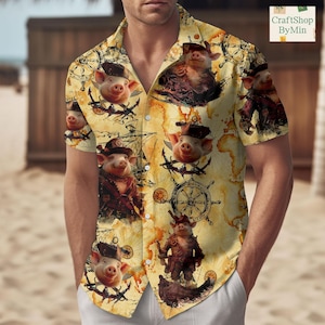 Abenteuerlustiges Schwein Pirat Hawaiihemd, Schwein Button Up Shirt, Sommer Shirt für Männer, Strand Geschenk für Schweine Liebhaber, Schwein Pirat Merch, Sommer S