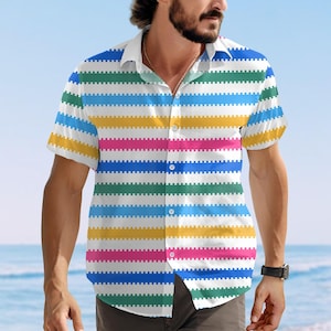 May include: Short-sleeved button-down shirt with a colorful horizontal striped pattern. The stripes include yellow, pink, blue, and green on a white background. The shirt has a classic collar and is made of a lightweight fabric.