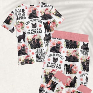 Black Cat Pajama Set, Cute Floral Women Pajamas, Just A Girl Who Loves Black Cats Shirt, Life Is Better With A Cat Pjs, Gift For Her