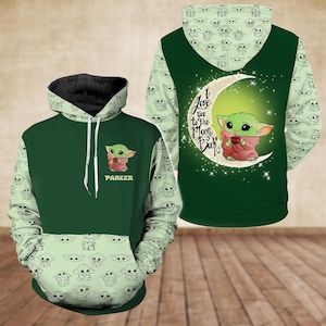 Sudadera con capucha personalizada de Baby Yoda, camiseta "Te amo hasta la luna y más allá", camiseta linda de Star Wars, camiseta para amantes de las estrellas, regalo personalizado de Disney