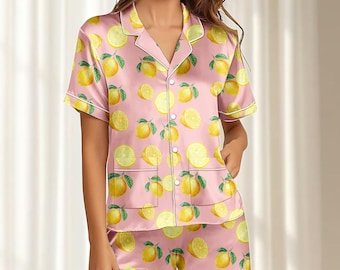 Lemon Satin Pajamas Short Set, Cute Yellow Citrus Fruit Pjs, Soft Summer Sleepwear, Pastel Loungewear For Women, Gift For Her