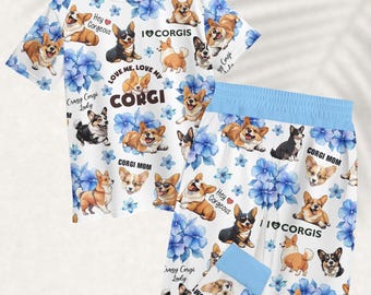 Pijama de perro Corgi, linda camiseta y pantalón para mamá Corgi, pijama floral a juego para amantes de los perros, pijama divertido para mujer, regalo de Corgi loco para ella