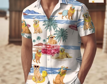 Golden Retriever Hawaiian Shirt, Dogs Button Up Shirt, Summer Shirt for Men, Beach Gift for Dog Lovers, Golden Retriever Merch, Summer