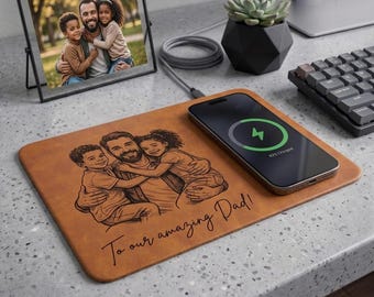 Personalized Best Dad Ever Leather Charging Mat, Custom Sketch Line Art Wireless Charger Pad, Father's Day Tech Gift